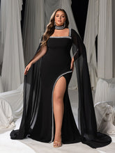 Plus Size Gorgeous Square Neck Cape Evening Gown - Mermaid Dress with Sheer Overlay